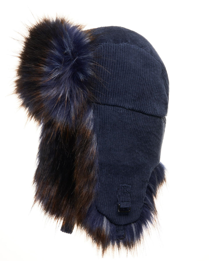 Futrzane Trappermütze aus Cord - Ushanka Herren - Fell Mütze mit Ohrenklappen S Marineblau - Marineb