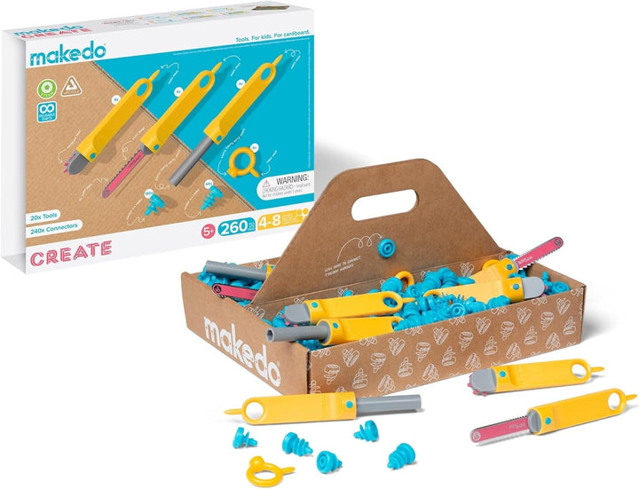 Makedo Create | Werkzeugkasten aus recycelter Pappe im kleinen Werkzeugkasten (260 Teile) | STEM- un