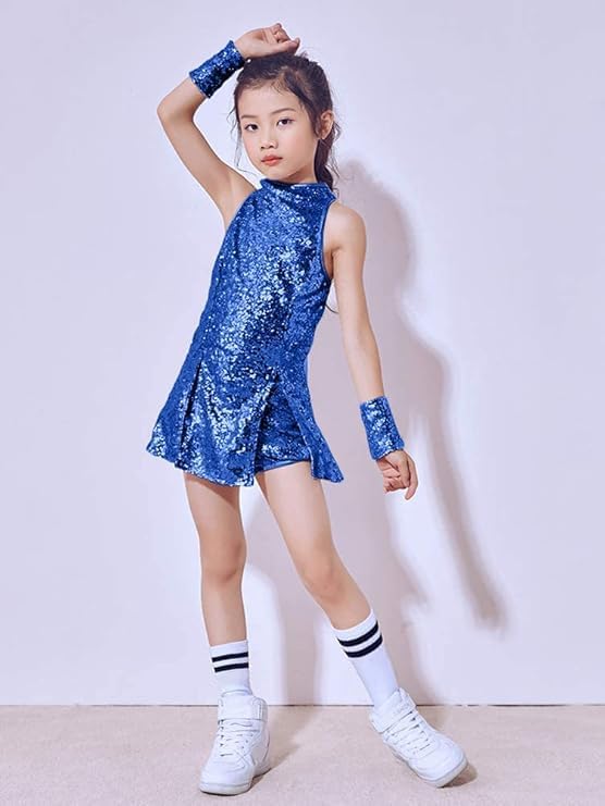 LOLANTA Mädchen Pailletten-Kostüm Hip Hop Dancewear Funkelndes Tanzkleid Gesetzt 5-6 Jahre Blau, 5-6