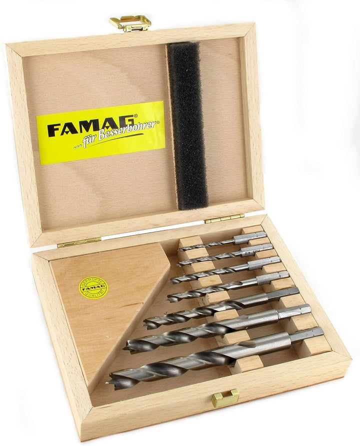 Holzspiralbohrer-Bitsatz lang 7-teilig. Ø 3, 4,5,6, 8, 10 und 12mm im Holzkasten Satz 7-teilig. Ø 3,