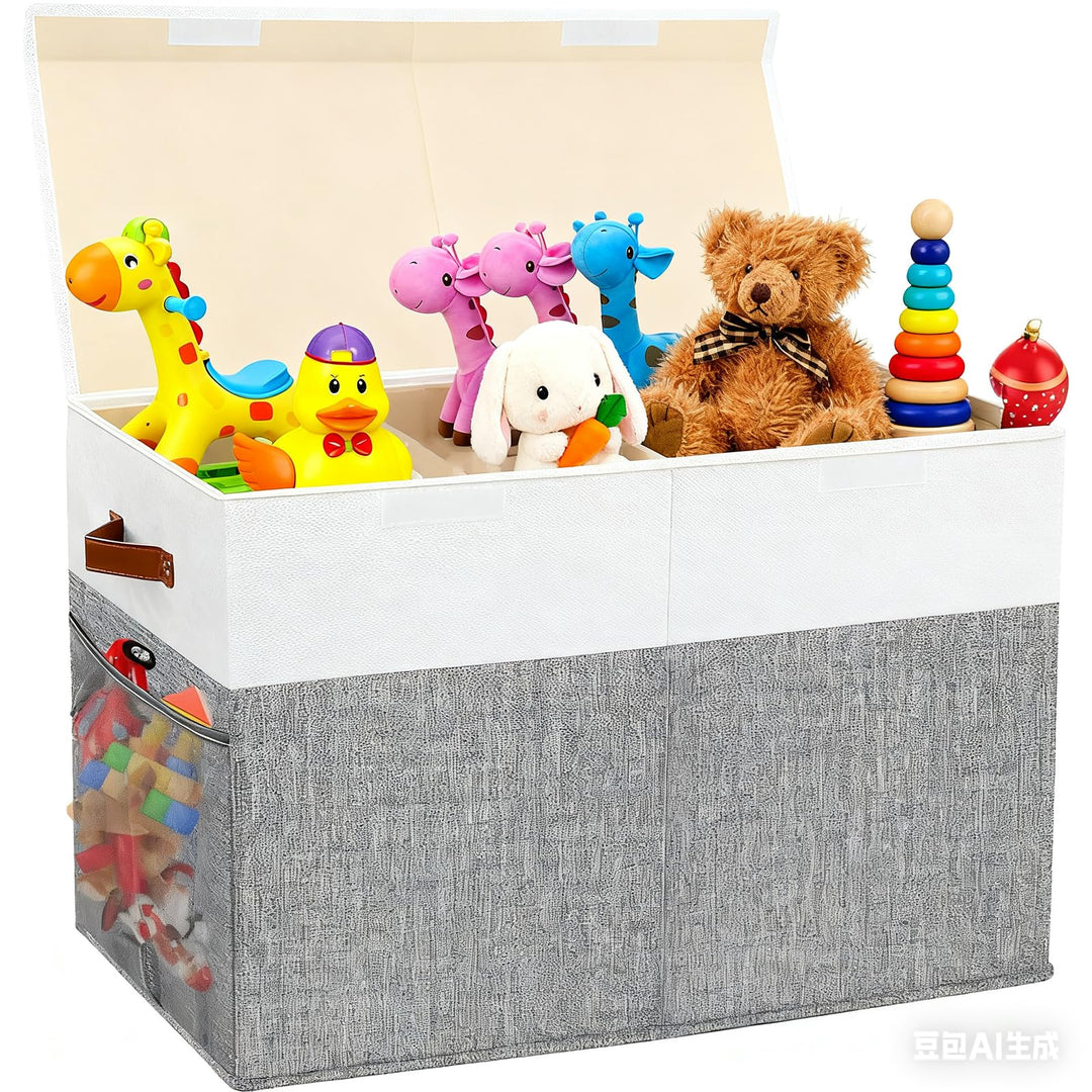 Spielzeugkiste mit Deckel, EXTRA GROssE Faltbare Aufbewahrungsbox Kinder 62x32x40 cm mit Tragengriff