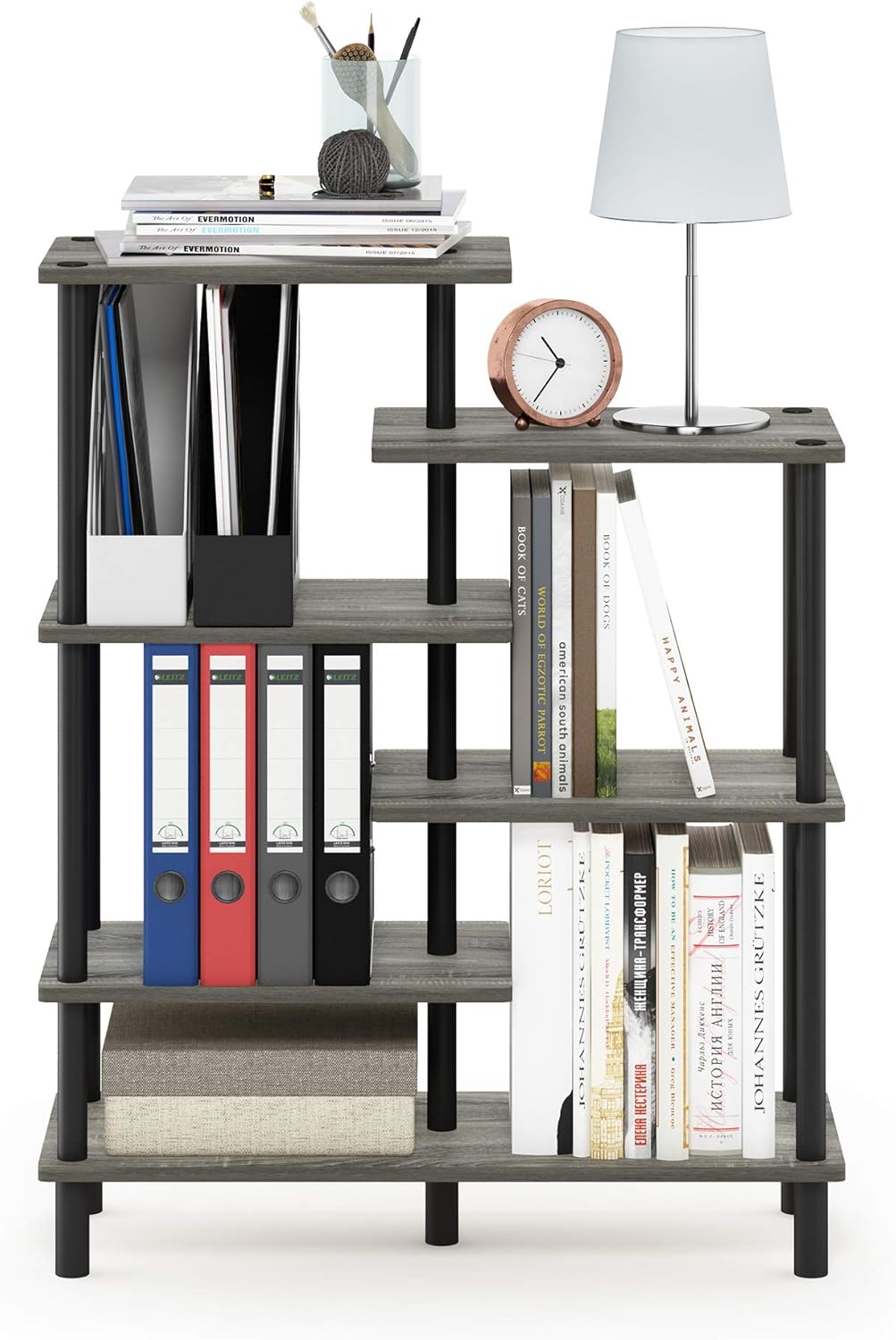 Furinno Akzent-Deko-Regal mit unterschiedlichen Ebenen, holz, Französische Eiche Grau/Schwarz, 29.49