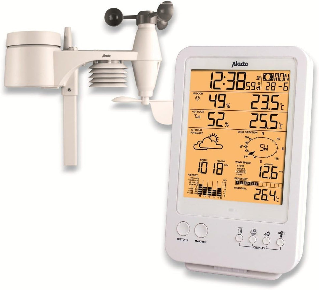 Alecto WS-4800 Funk Wetterstation mit grossem Display. Misst die Temperatur, Windgeschwindigkeit, Lu