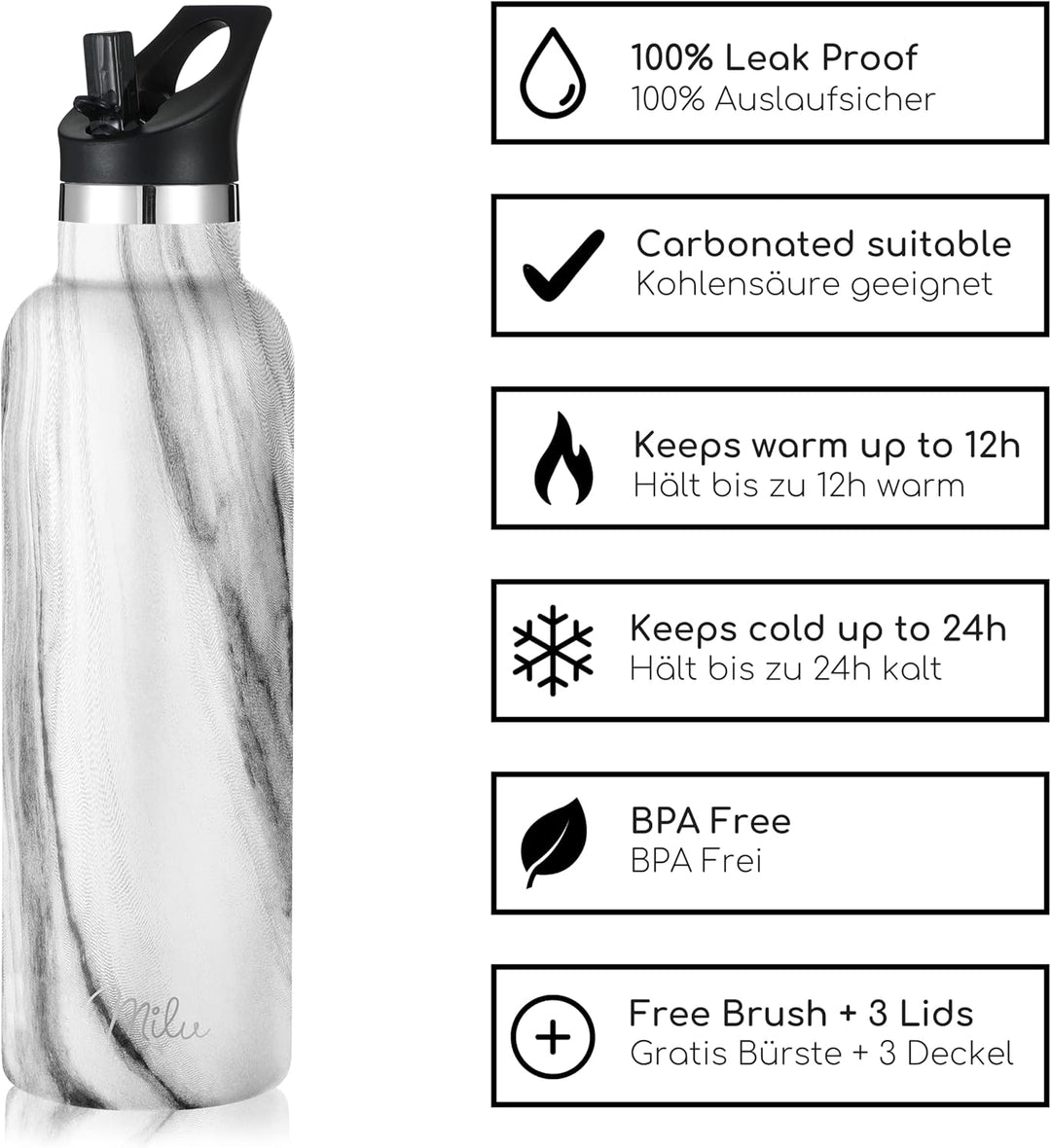 Milu Edelstahl Trinkflasche 500ml, 750ml, 1000ml (+3 Deckel) - Thermosflasche mit Strohhalm, Isolier