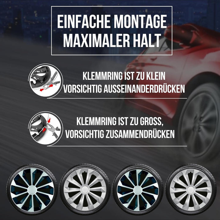 Albrecht 16 Zoll Radkappen silber/schwarz für Stahlfelgen - Fame Radzierblenden aus hochwertigem Kun