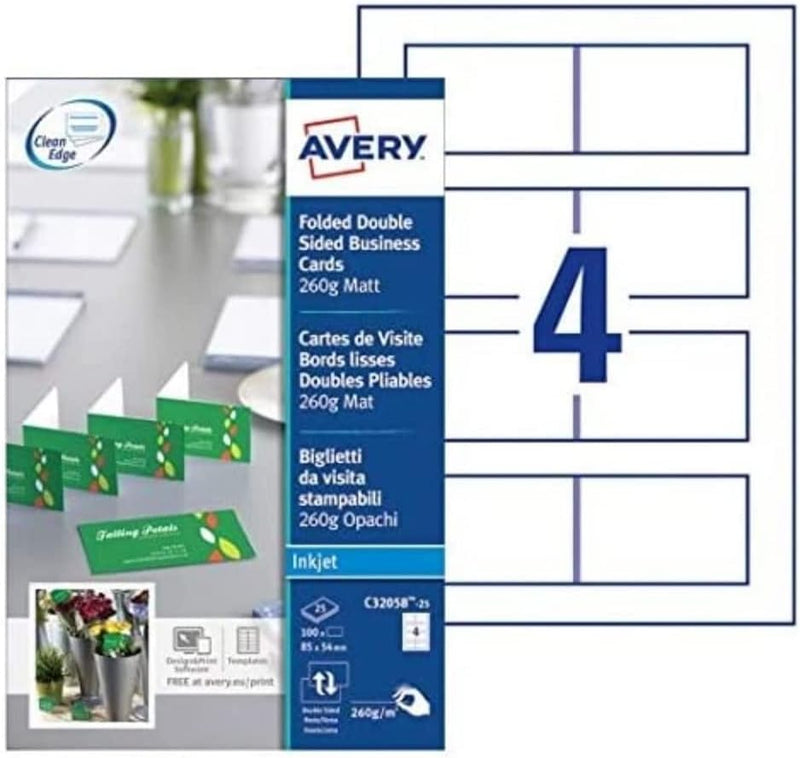Avery Quick&Clean C32058-25 Faltvisitenkarten, für Tintenstrahldrucker, 260 g/m², 170 x 54 mm, Mattw
