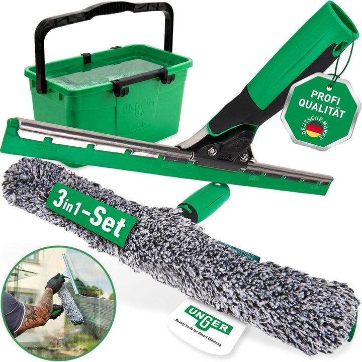 Unger Fenster Reinigungs-Set (Fensterwischer, Trägerteil, Mikrofaser-Bezug, Eimer 18 L, Breite 35 cm