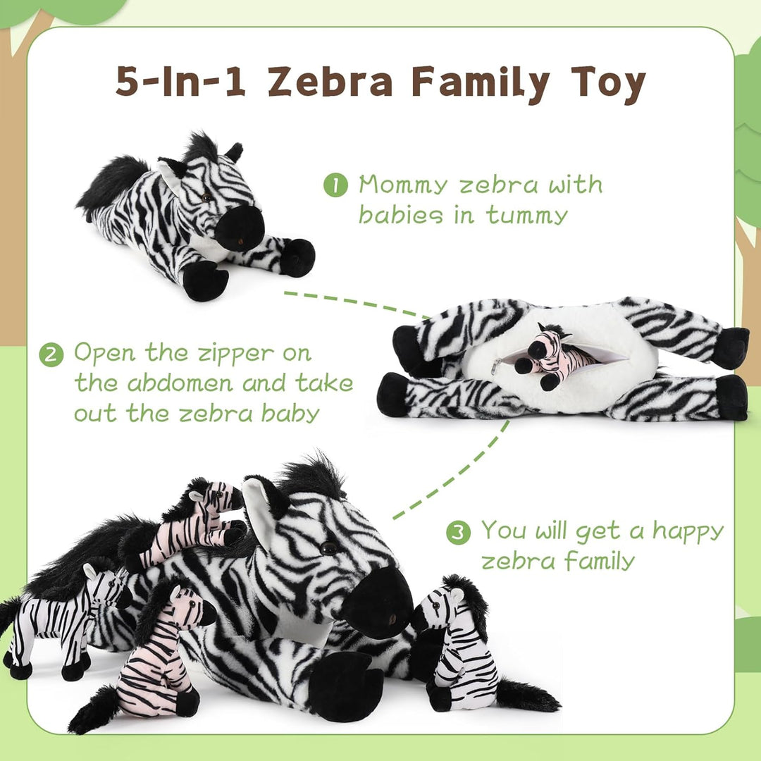 MorisMos 64cm riesen Zebra Kuscheltier XXL mit 4 Baby im Bauch, gross Plüschpferd XXL, Flauschiger S