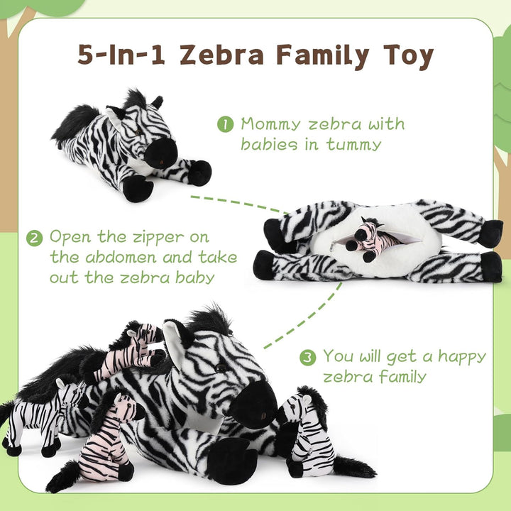 MorisMos 64cm riesen Zebra Kuscheltier XXL mit 4 Baby im Bauch, gross Plüschpferd XXL, Flauschiger S