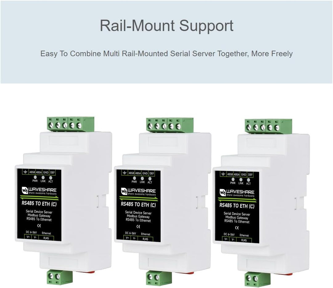 Waveshare RS485 to RJ45 Ethernet Converter Module (C), Industrial Rail-Mount RS485 Serial Server wit