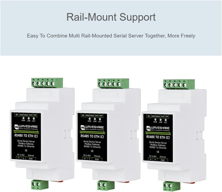 Waveshare RS485 to RJ45 Ethernet Converter Module (C), Industrial Rail-Mount RS485 Serial Server wit
