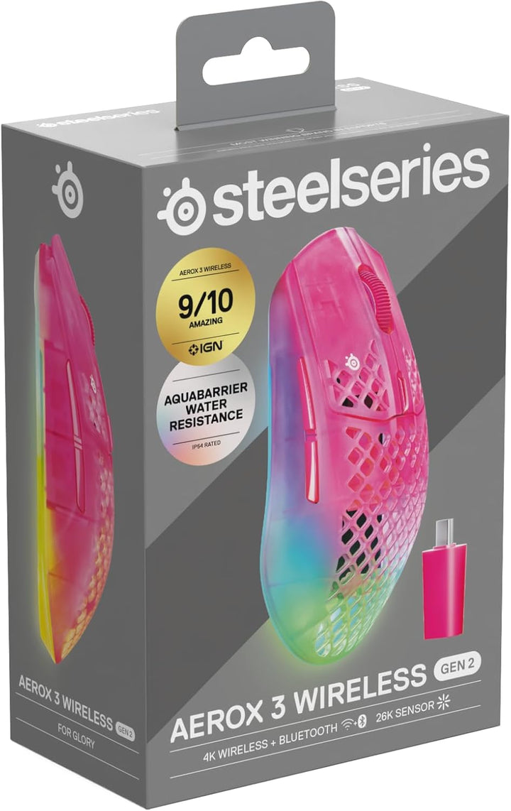 SteelSeries Aerox 3 Wireless Gen 2 – Ultraleichte 68-g-Gaming-Maus, 4K-Polling, 26K-DPI-Optiksensor,