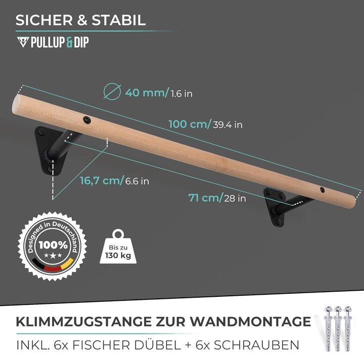 PULLUP & DIP Klimmzugstange Holz – Buchenholz Pull Up Bar zur Wandmontage über dem Türrahmen – 40 mm