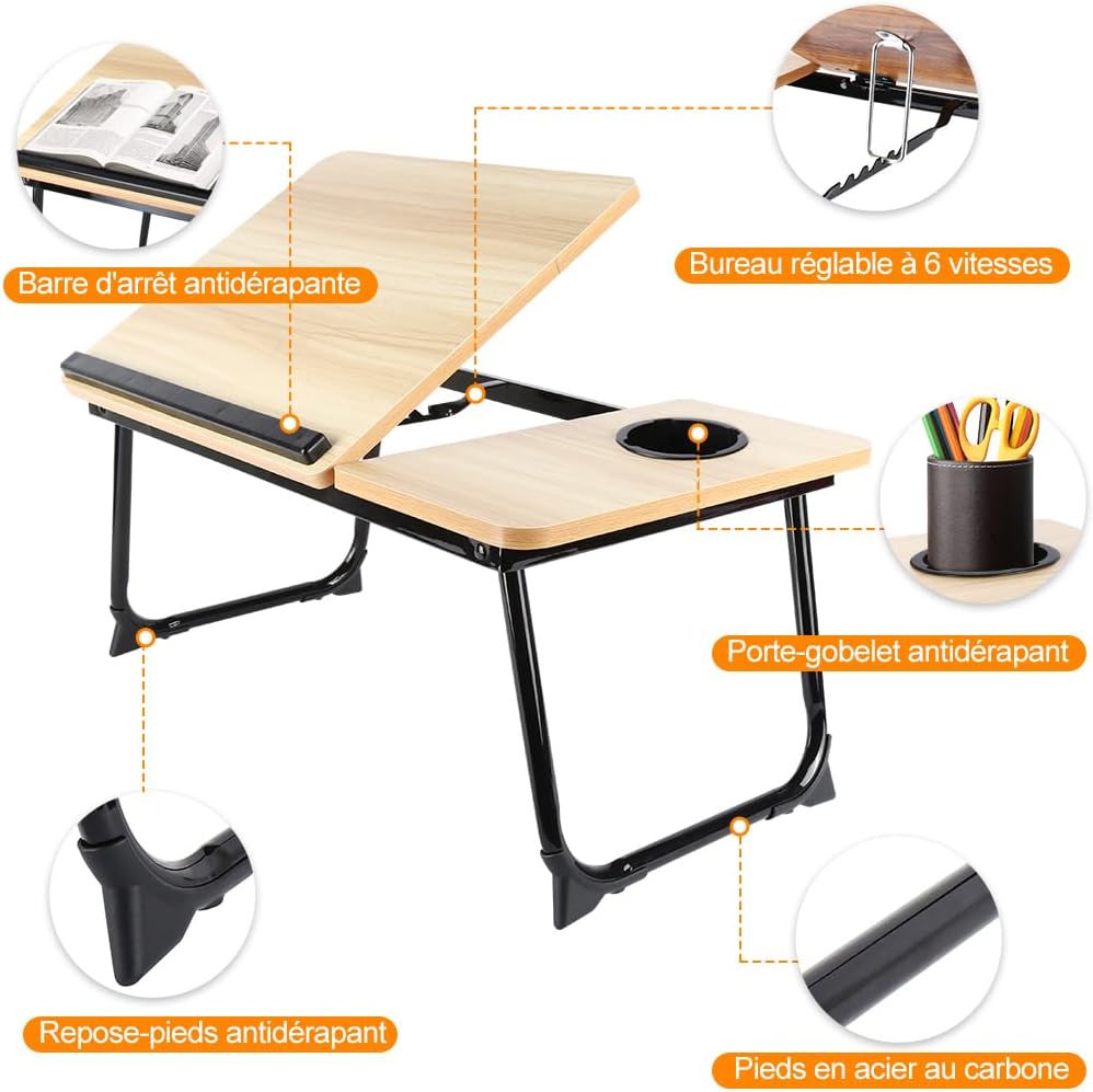 OHMG Klappbares Betttablett 56 x 33 x 24 cm – Betttisch mit Laptophalterung, Buchhalter und Becherha