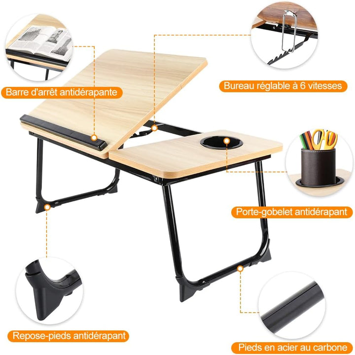 OHMG Klappbares Betttablett 56 x 33 x 24 cm – Betttisch mit Laptophalterung, Buchhalter und Becherha