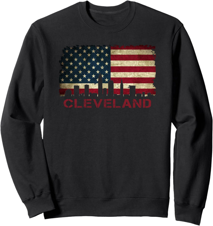 USA Flag The Land Night Downtown Cleveland Skyline Art Gift Sweatshirt