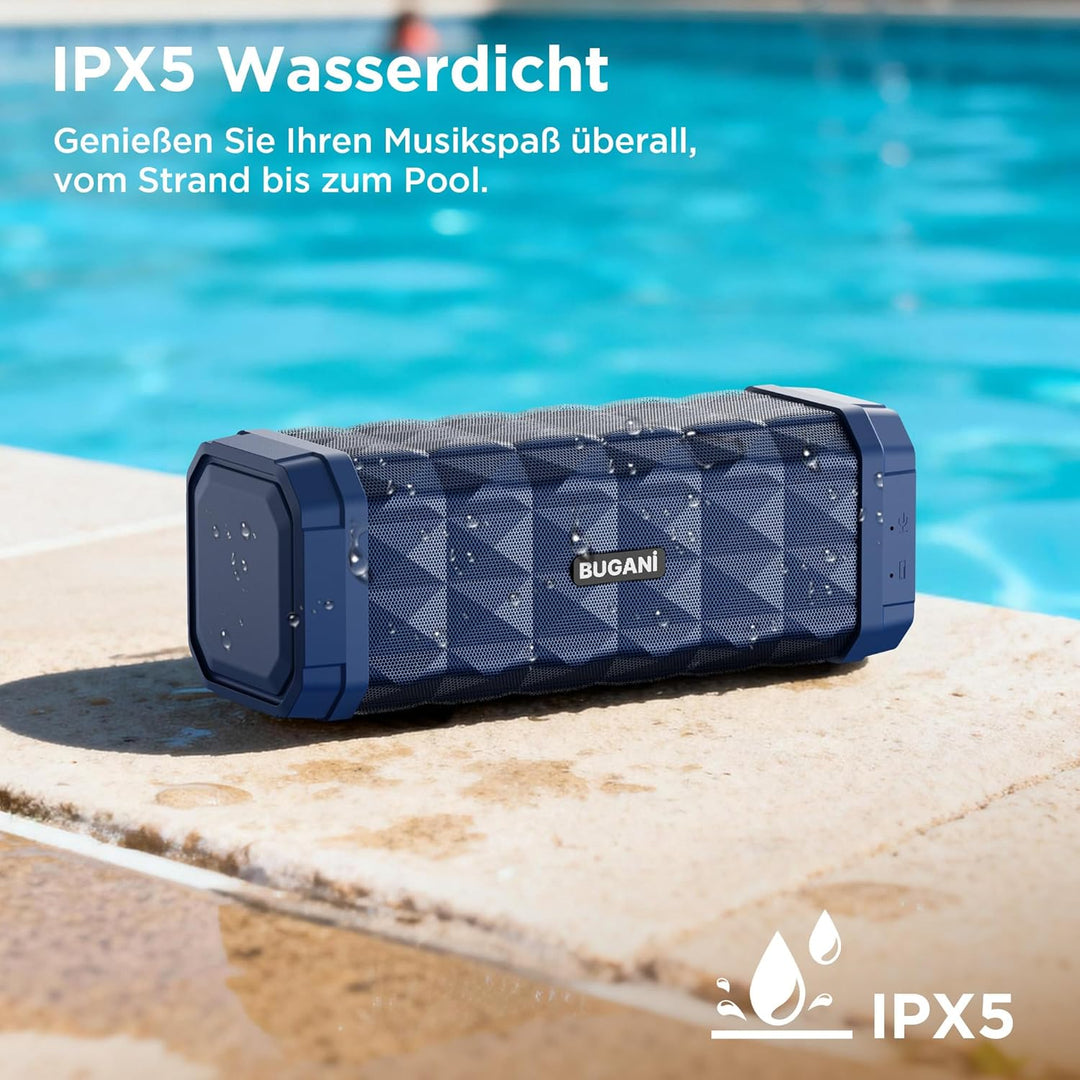BUGANI Bluetooth Lautsprecher, Musikbox Bluetooth mit 5.4, 24H Stunden Akku, Bass-Treibern, IPX5 Was