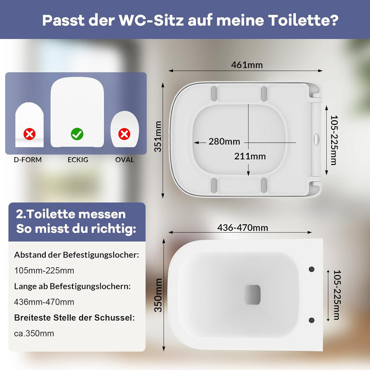 Toilettendeckel mit Absenkautomatik E-Form Weiss, Antibakterieller &amp; UV-beständig WC Sitz, Abnehmbar