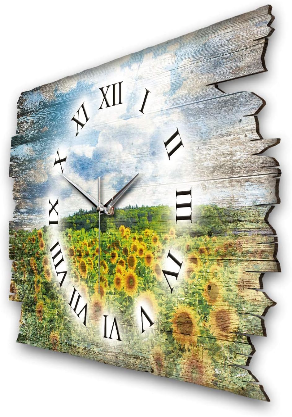 Kreative Feder Sonnenblumen Landhaus Shabby Style Designer Wanduhr Quarzuhr aus Holz *Made in German