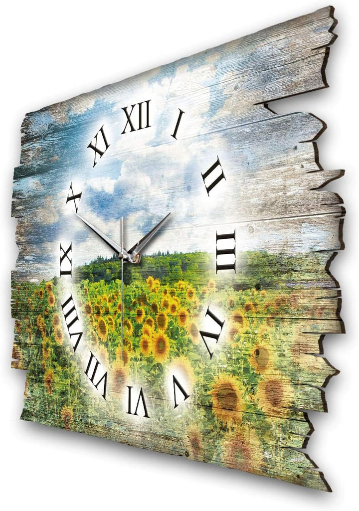 Kreative Feder Sonnenblumen Landhaus Shabby Style Designer Wanduhr Quarzuhr aus Holz *Made in German
