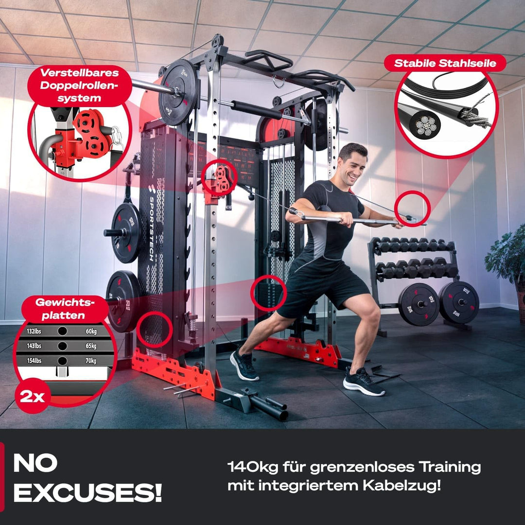 Sportstech SXM200 Smith Machine für Zuhause, Power Rack mit Kabelzug, Klimmzug, Langhantelstange, Be