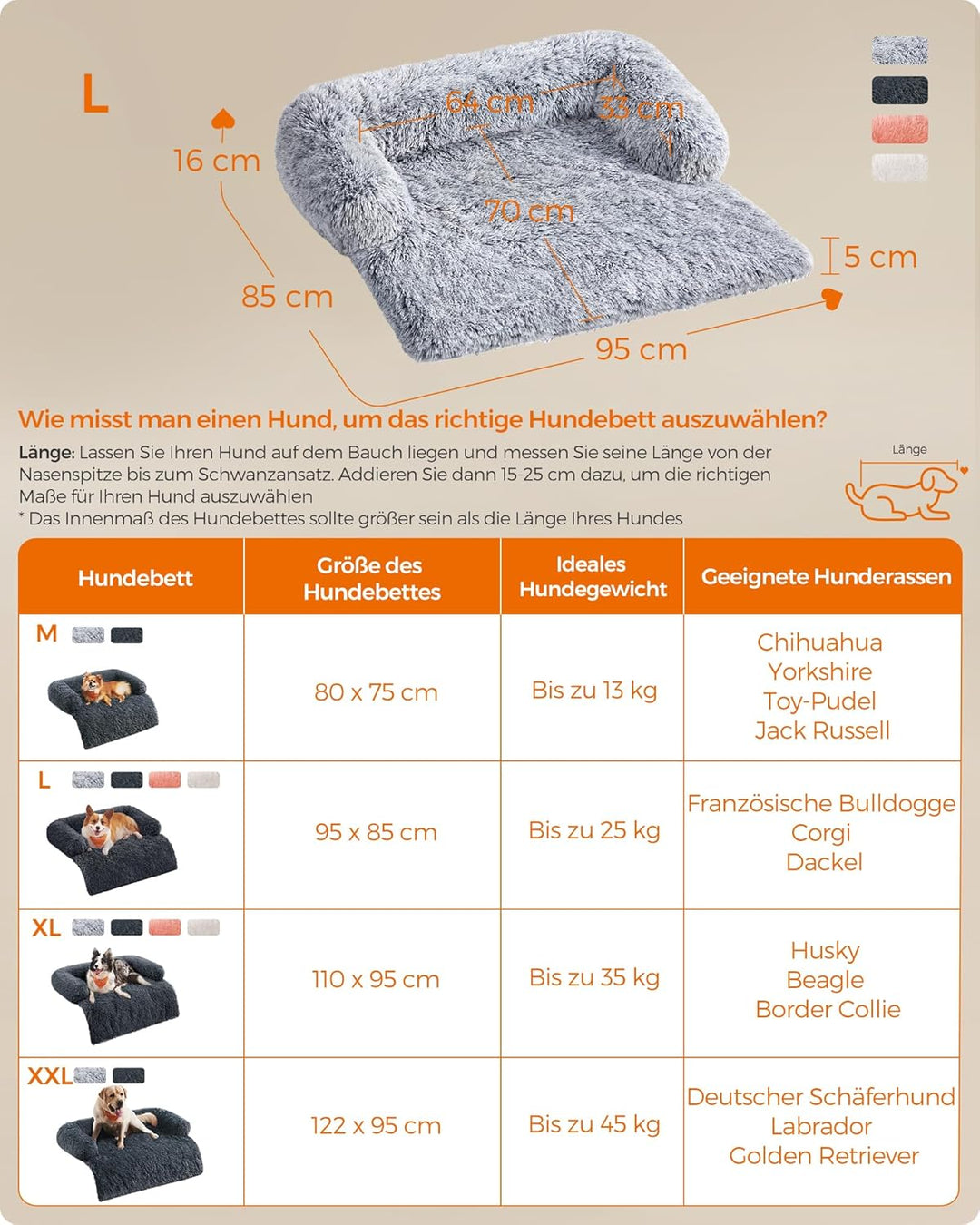 Feandrea FluffyHug Hundebett Plüsch, Hundedecke Sofa, Sofaschutz Hund, Hundekissen, Grösse L, für mi