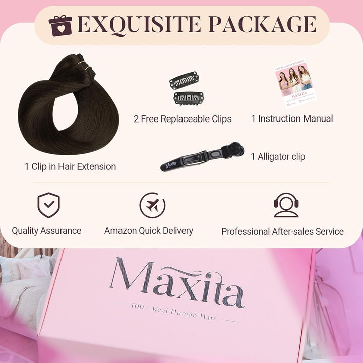 MAXITA Echthaar Extensions Clip, 40cm 16 Zoll 120g 7 Stück Dunkelbraun Clip in Extensions Echthaar N
