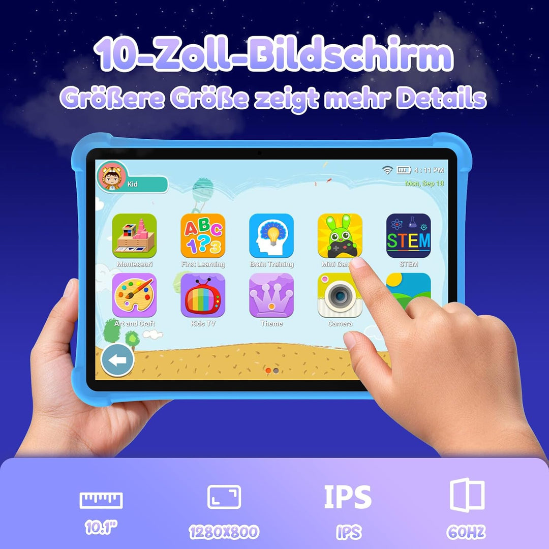 ALLDOCUBE Kinder Tablet 10 Zoll, Android 15, 7GB RAM+64GB ROM (TF 512GB), Wi-Fi, Bluetooth, GPS, iWA
