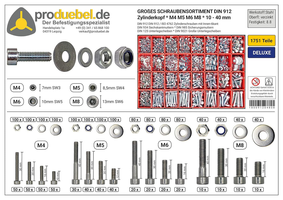 Grosses Schrauben-Sortiment DIN 912 Zylinderkopf M4/M5/M6/M8 Stahl verzinkt 8.8 (DIN912+934+985+125+