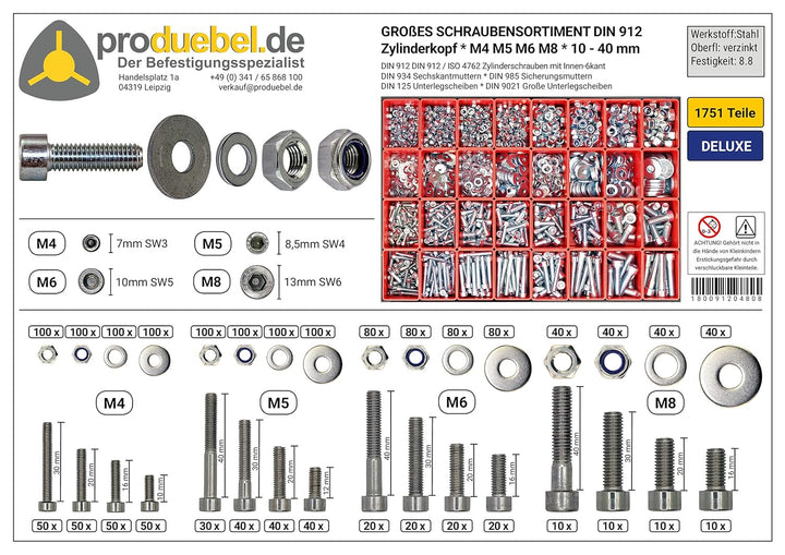 Grosses Schrauben-Sortiment DIN 912 Zylinderkopf M4/M5/M6/M8 Stahl verzinkt 8.8 (DIN912+934+985+125+