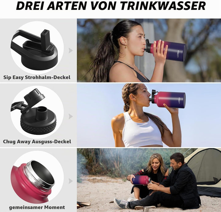 WATERSY Isolierte Edelstahl Trinkflasche 64oz Vakuumisolierte Thermosflasche mit 2 Deckel Auslaufsic