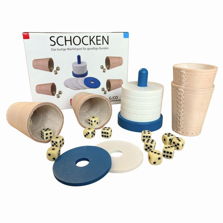GICO Schocken Set - Komplett mit Schockbesteck, 4 Würfelbecher und 12 Würfeln - Jule Meiern Maxen Mö
