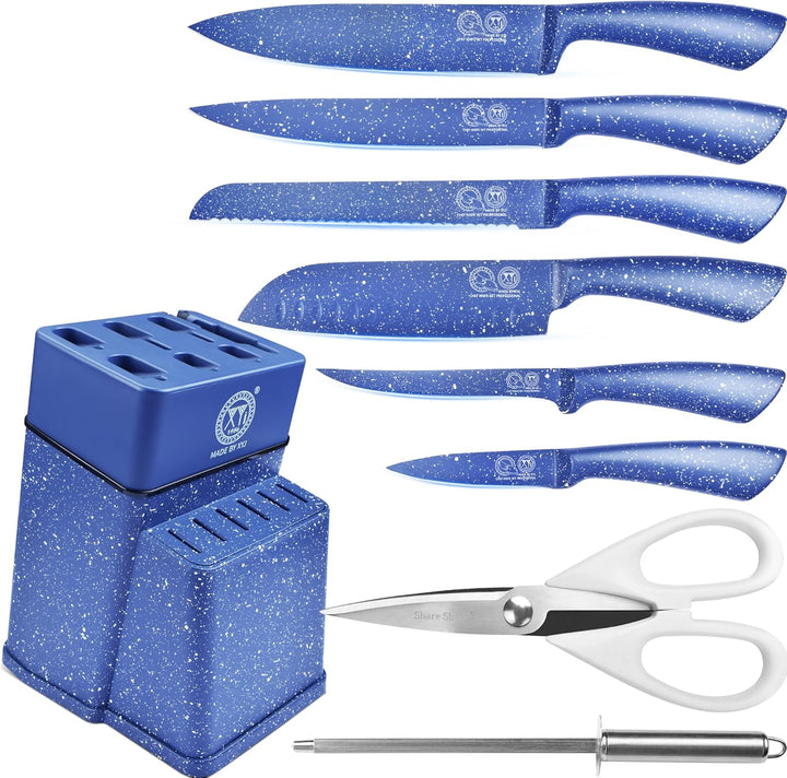 XYJ Authentic Since 1986, Kitchen Knife Block Set, Stainless Steel Knives Set With Knife Holder, Blu