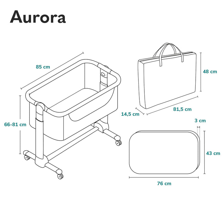 Lionelo Aurora 3 in 1 Babybett bis 9 kg, Beistellbett, Wiege, Höhenverstellug und Einstellung der Ne