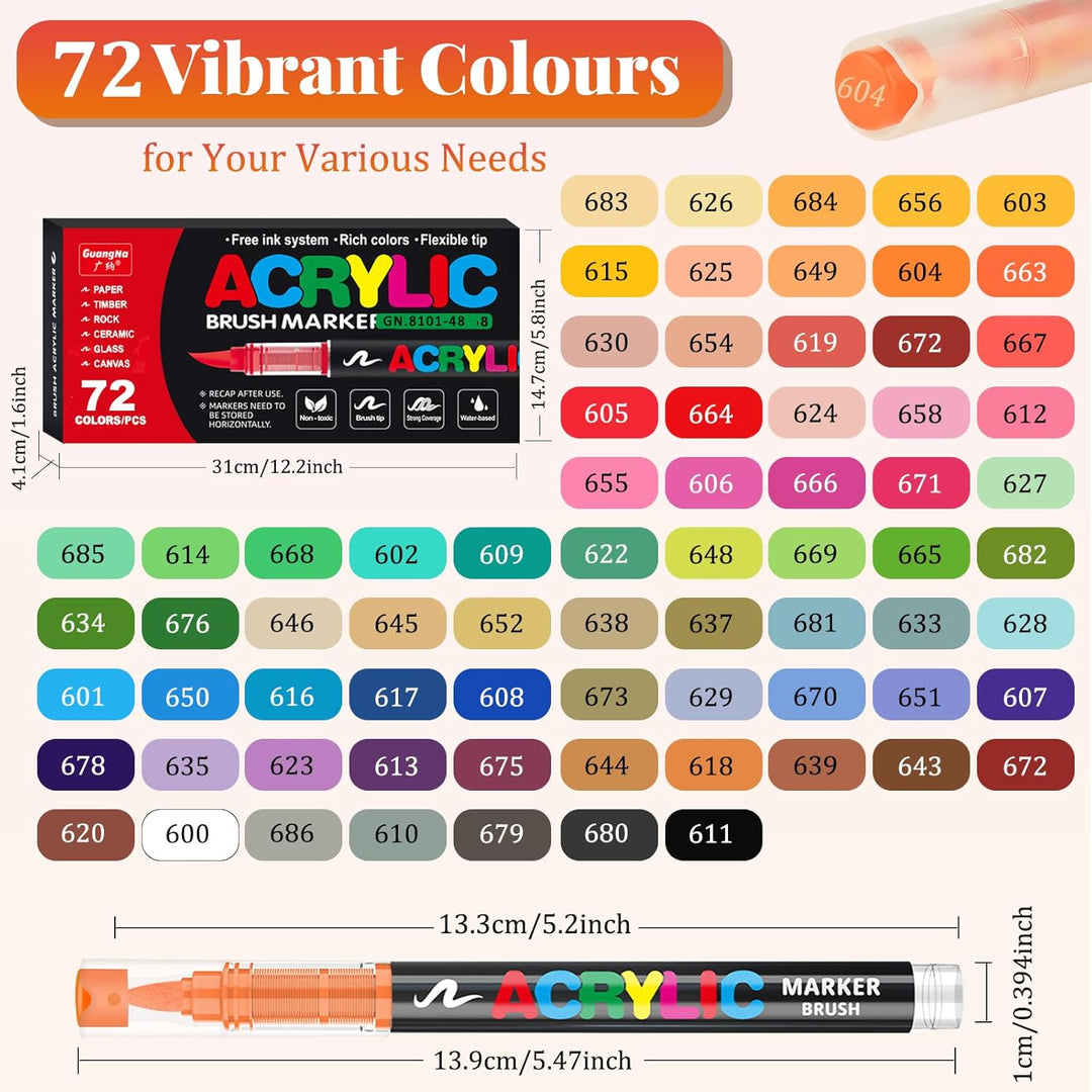 Funnasting 72 Farben Acrylstifte, Weiche Pinselspitze Acrylmarker, Acrylstifte Set für Steine Wasser