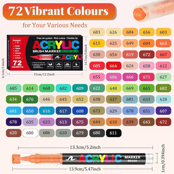 Funnasting 72 Farben Acrylstifte, Weiche Pinselspitze Acrylmarker, Acrylstifte Set für Steine Wasser