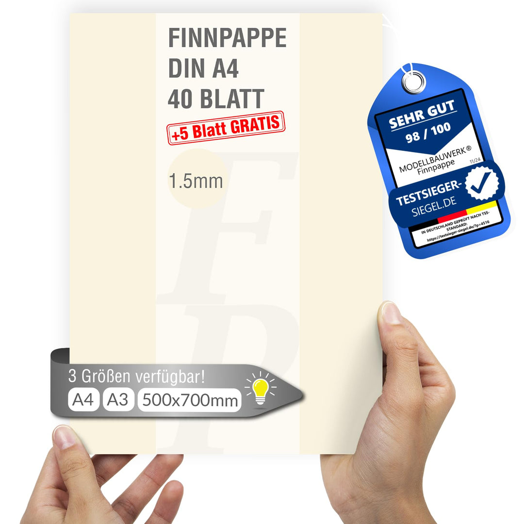 40 + 5 Blatt gratis Finnpappe DIN A4 | 1.5mm Stärke | Modellbauwerk® | für Modellbau und Basteln | A