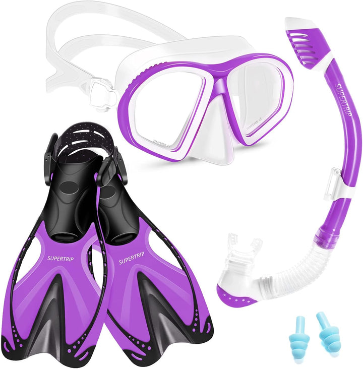 Supertrip Kinder Schnorchelset 3-teilig, Schnorcheln Set mit Flossen, Taucherbrille mit Tempered Gla
