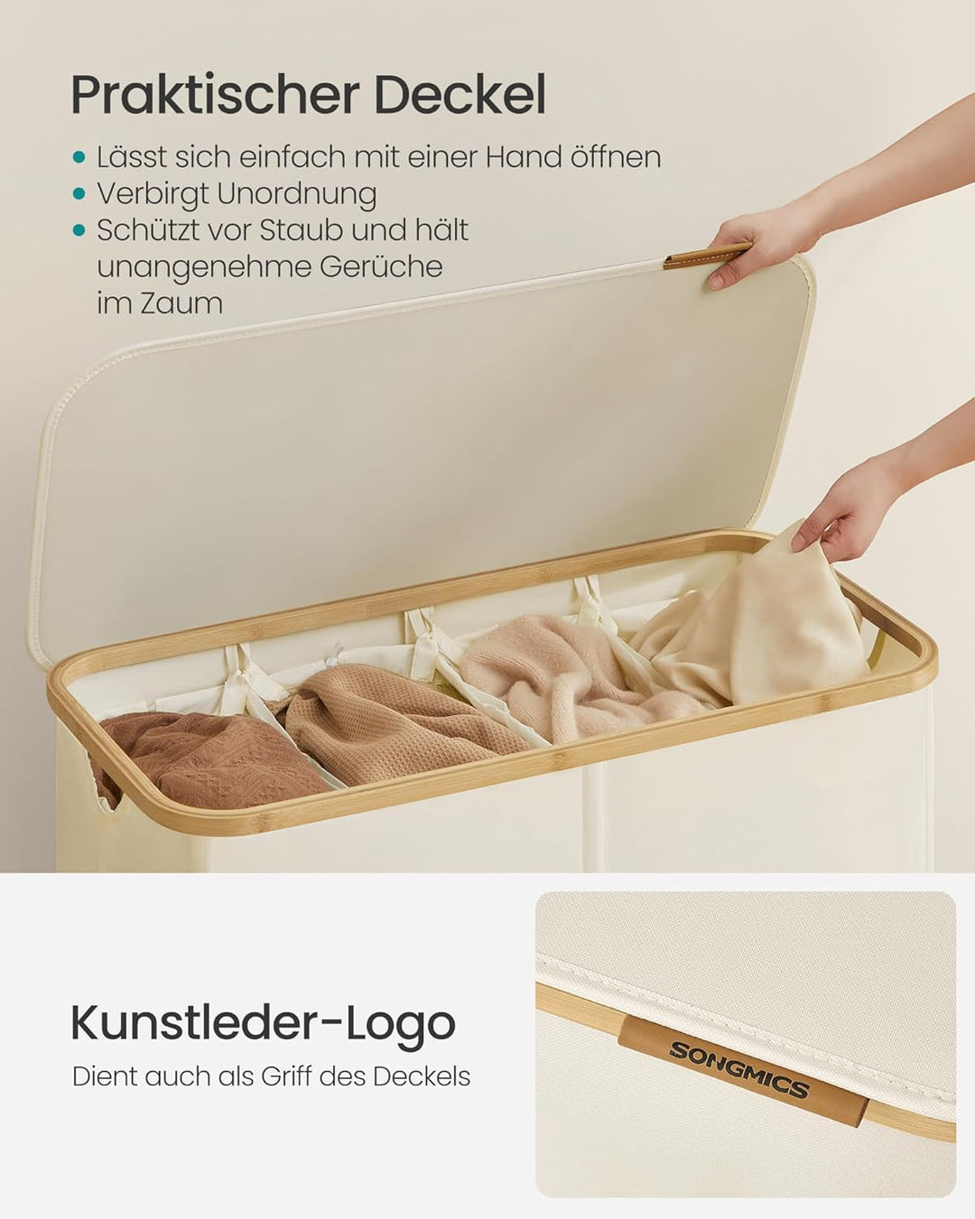 SONGMICS Wäschekorb mit Deckel, Wäschesammler mit 4 Fächern, 200 L, herausnehmbarer Wäschesack, Oxfo
