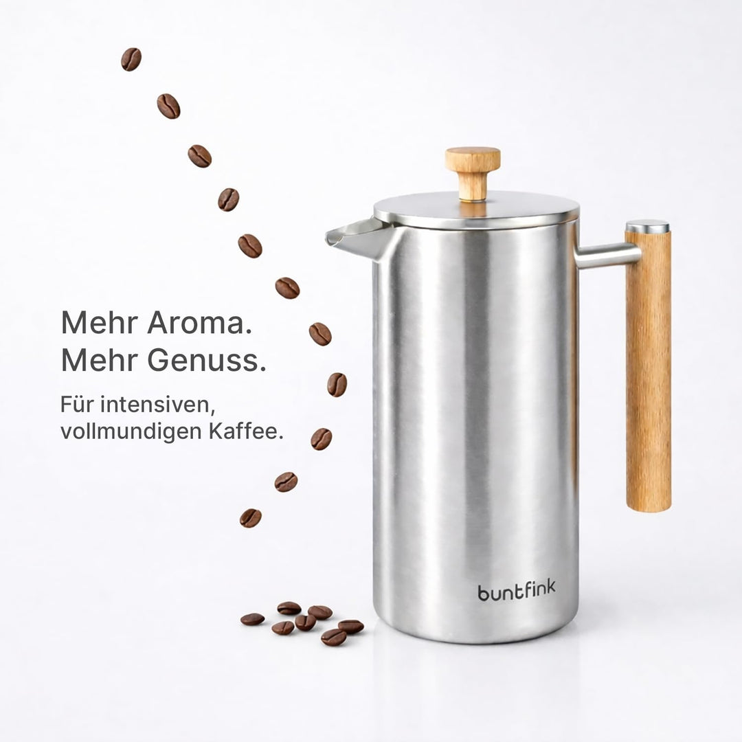 Buntfink French Press Thermo 1 Liter aus Edelstahl und Holz | Kaffeebereiter doppelwandig isoliert |