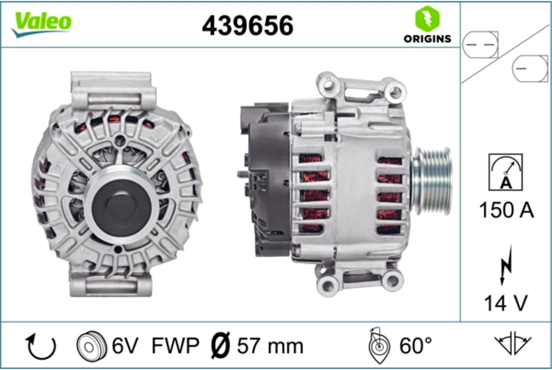 VALEO 439656 Generator Ladestrom des Generators: 150 Amp Rippen: 6 rippen Riemenscheibe Ø: 57,2 mm S