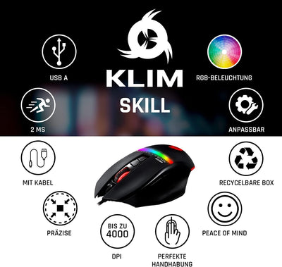 KLIM Skill Gaming Maus - High Precision PC Gaming Mouse USB - Neue 2023 - Wählbare DPI-Einstellung –