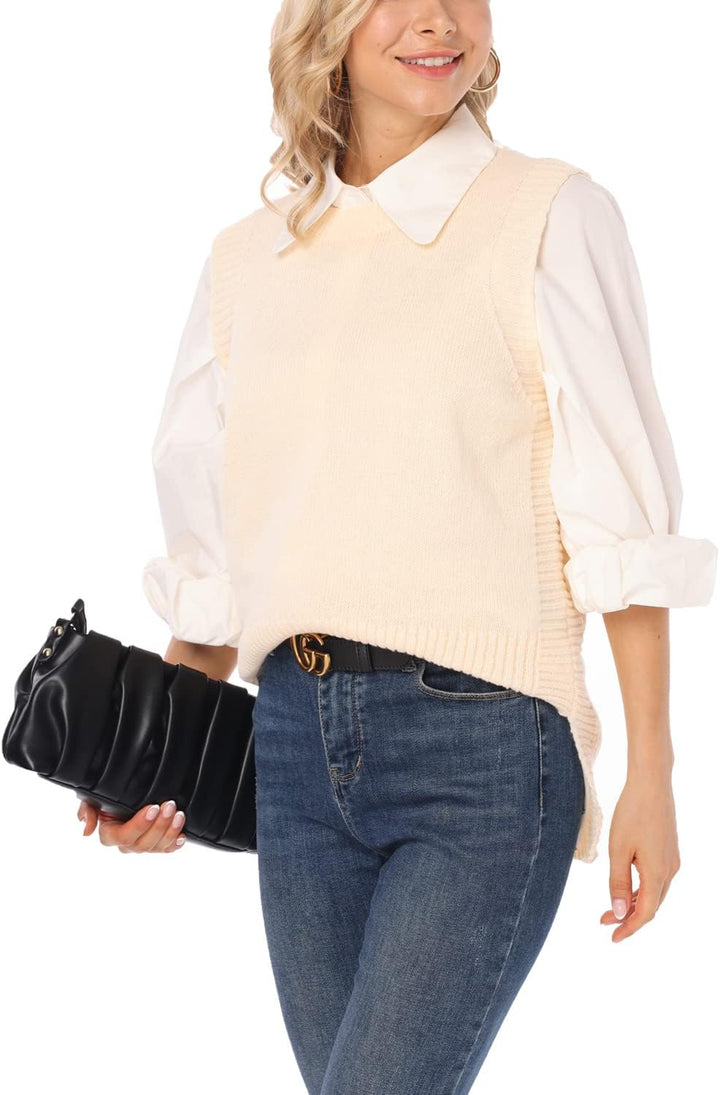 Dilgul Damen Weste Pullunder Ärmellos Weste Strick Winter Strickweste Pullover Rundhalsausschnitt St