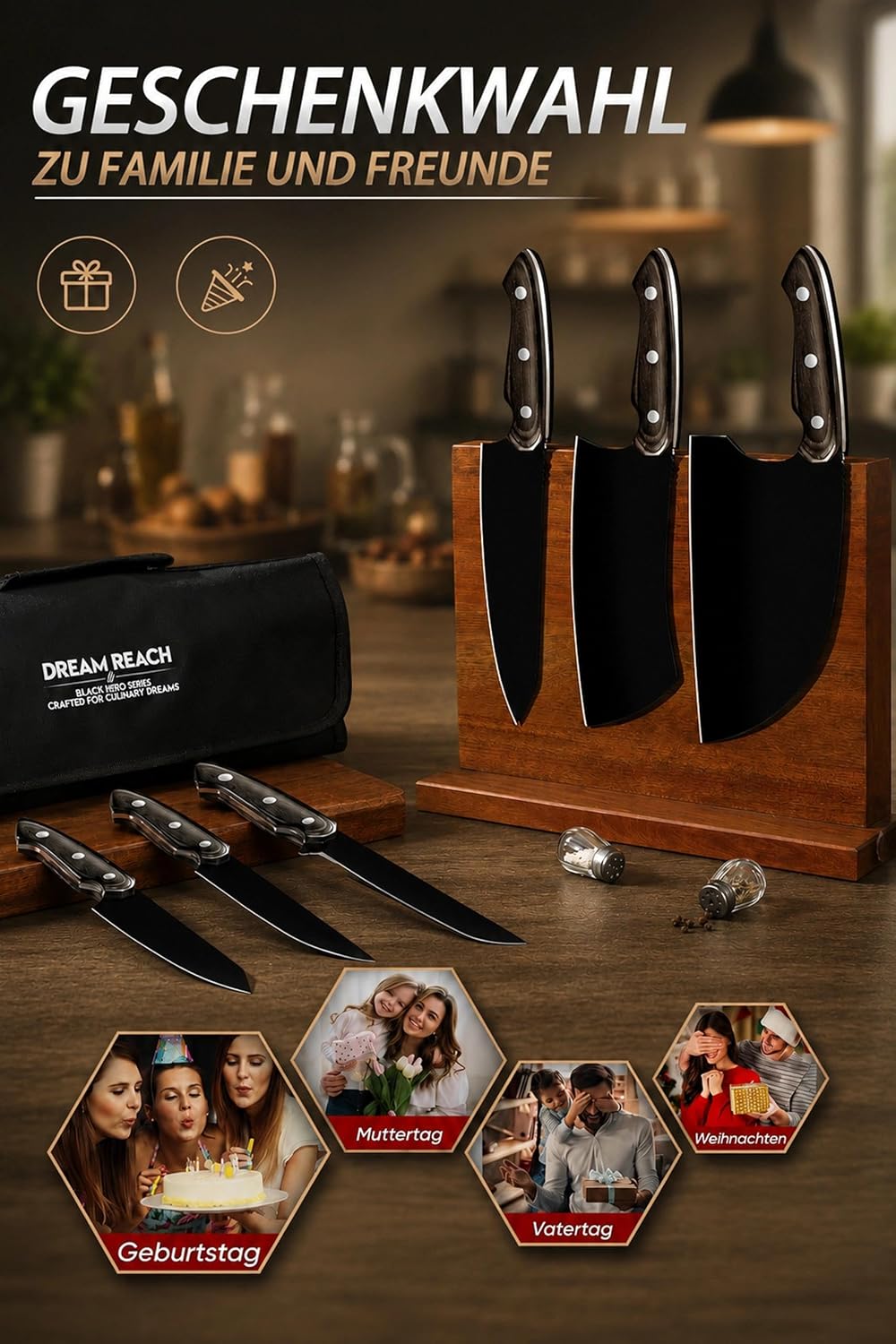 Dream Reach Küchenmesserset mit Wetzstähle - 6-teilig Scharfes Messerset mit Tragbare Messertasche,
