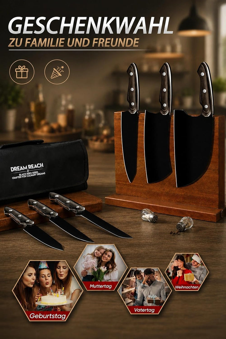 Dream Reach Küchenmesserset mit Wetzstähle - 6-teilig Scharfes Messerset mit Tragbare Messertasche,