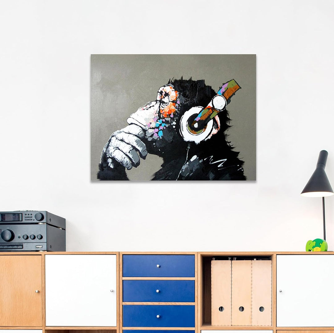 Fokenzary Handgemaltes Ölgemälde auf Leinwand Pop Art Putziger Schimpanse hört Musik mit Kopfhörer m