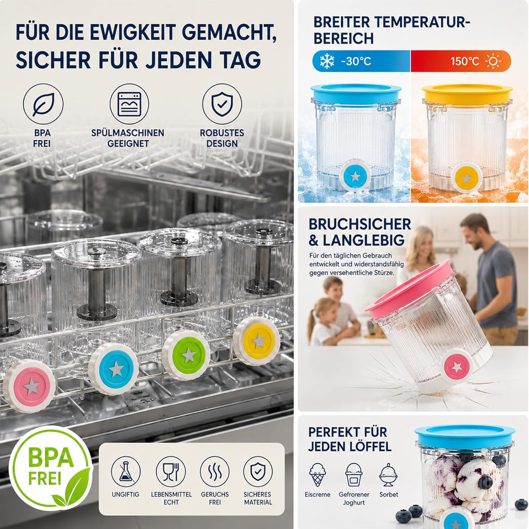 4 Behälter Kompatibel mit Ninja Creami Swirl NC700 NC701EU, 480ml Eisbecher Set mit 4 Farbigem Decke