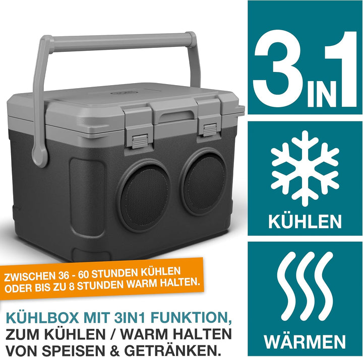TOM 3in1 Musik Kühlbox 21l zum Kühlen, Warmhalten und Musik hören – mit Bluetooth Lautsprecher – Küh