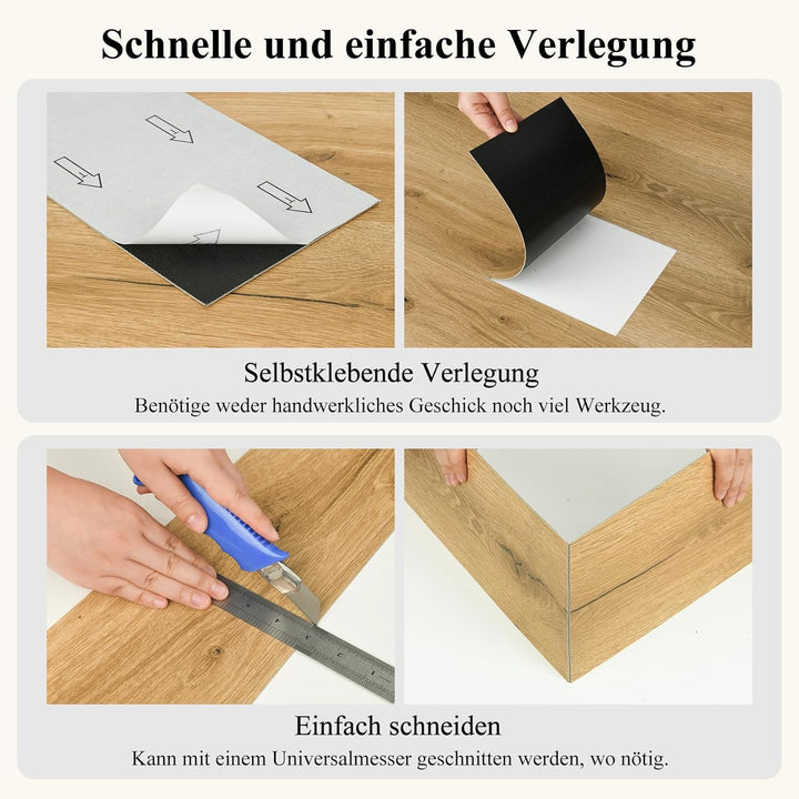 Mysflosy Vinylboden Selbstklebend, PVC Bodenbelag holzoptik wasserdicht, Eiche Europäische 15,24cm x