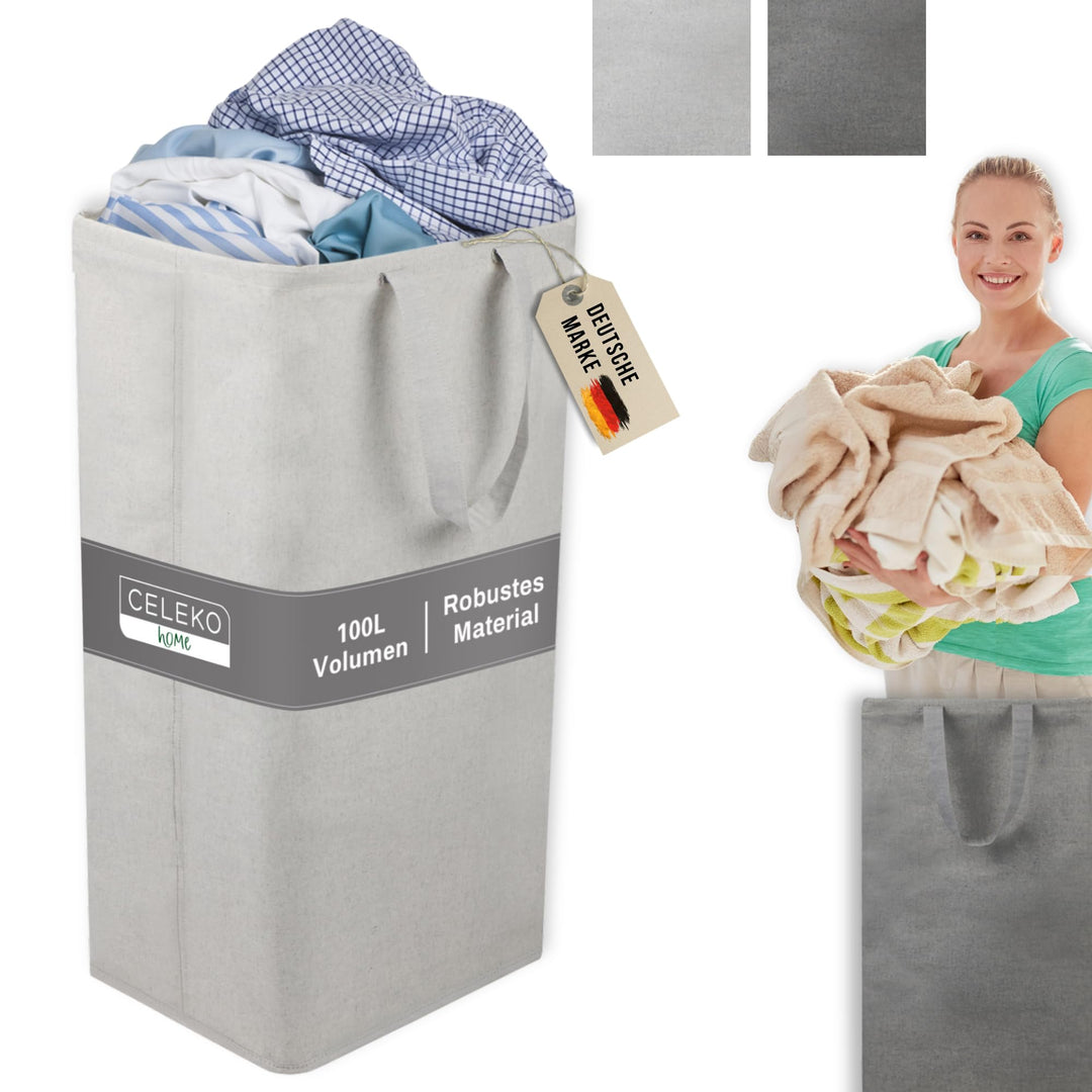 Wäschesammler 100 Liter Hell Grau Faltbarer Wäschekorb Organizer mit erweitertem Griff, Wäschesammle